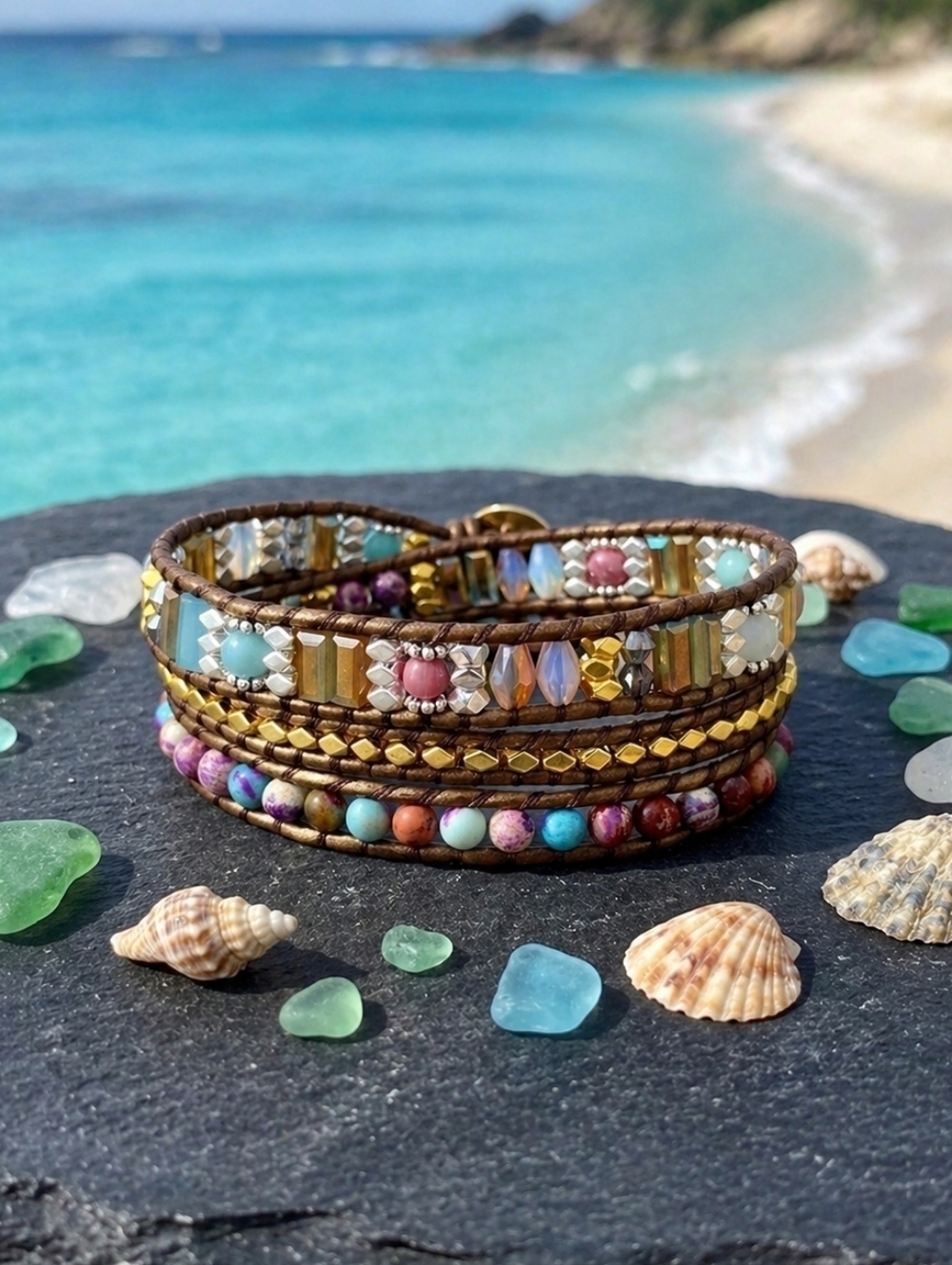 Jasper Crystal Vegan Leather Triple Wrap Bracelet Boho Whimsigoth 24in